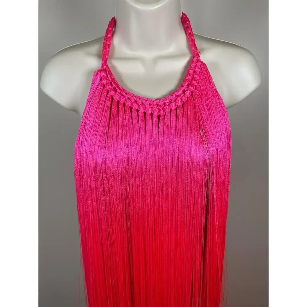 ANDREA ALMEIDA Bel Crochet Fringe Tiered Pink Maxi Dress Size XS/S - Picture 8 of 15